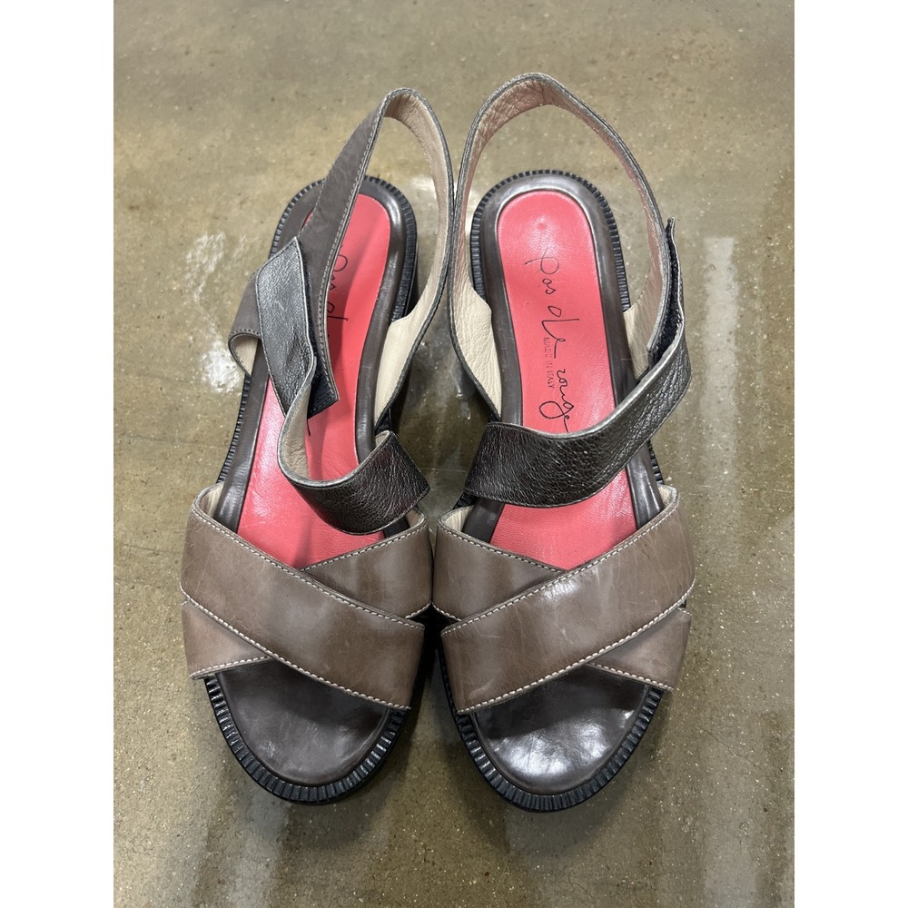 Pas de Rouge Size 38 Womens Italian Leather Platform Slingback Sandals Silver